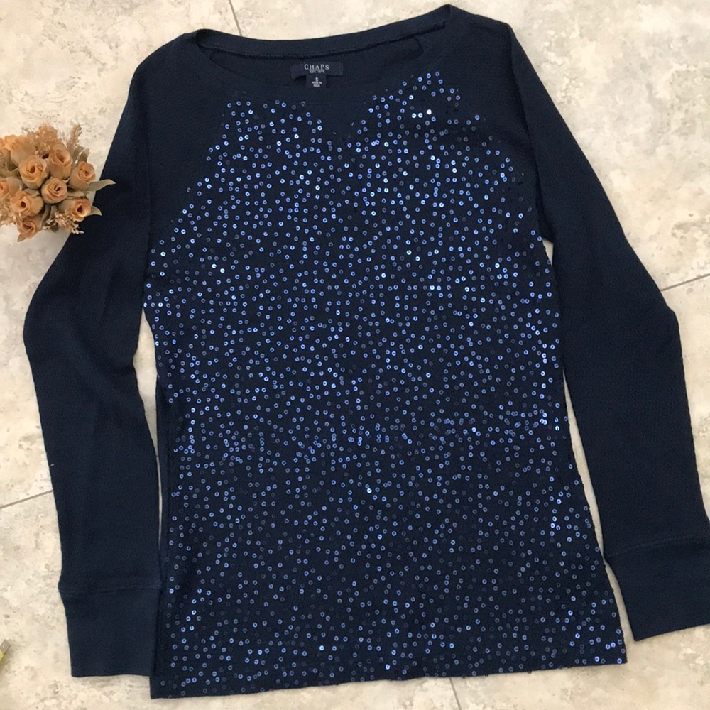 CHAPS WOMEN SWEATER SIZE S NAVY blue sequin